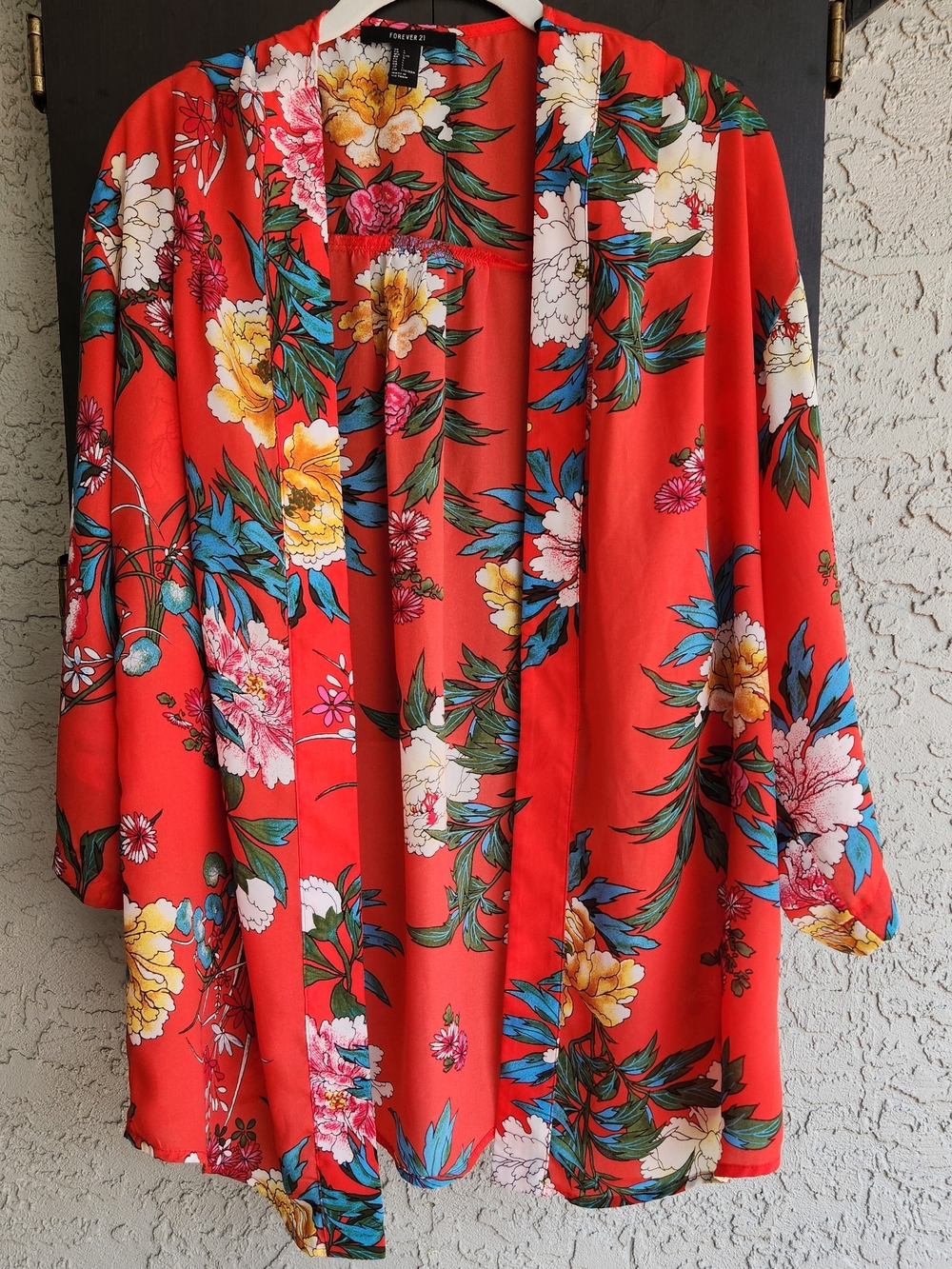 Women's Forever 21 Red Floral Print Open Kimono Duster Size Large Bohemian Chic